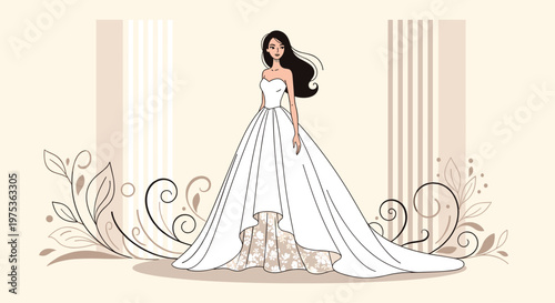 Elegant illustration of a bride wearing a beautiful white strapless wedding gown with a full skirt and floral lace details on a beige backdrop.