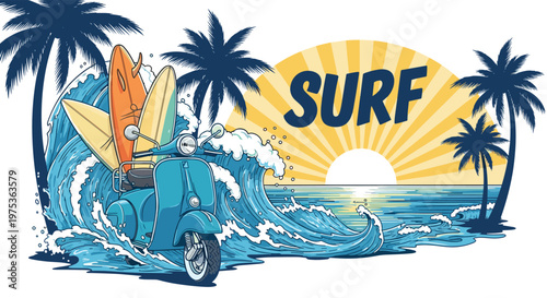 Retro surf-themed illustration featuring a blue scooter with surfboards parked in front of a giant breaking wave and a sunset over the sea.