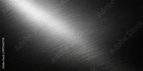 A brushed metal texture background features a shiny silver stainless steel plate surface with a sleek gray aluminum pattern and metallic chrome light design on a dark industrial material backdrop