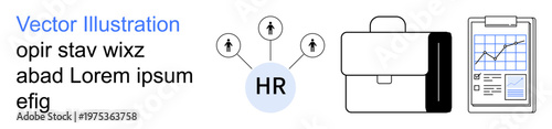 Recruitment, workforce management, employee analytics, talent acquisition, career growth, data visualization. HR icon branching to people, briefcase and progress chart. Recruitment and workforce