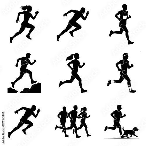 A collection of black silhouettes depicting men and women running in various athletic poses and scenarios, including sprinting, uphill running, and hurdling.