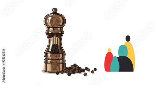 Elegant wooden pepper grinder standing next to a pile of black peppercorns and abstract colorful shapes on a clean white background.