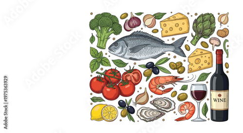 Rich collage of Mediterranean diet ingredients including fish, tomatoes, wine, cheese, shrimp, oysters, olives, and fresh vegetables.