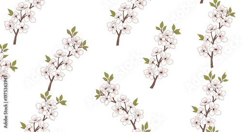 Seamless background pattern of delicate white cherry blossom branches with small green leaves scattered over a plain white surface.
