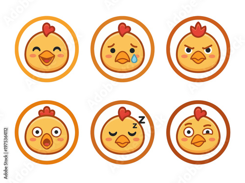 Set of six circular icons featuring cartoon chickens expressing different emotions like joy, sadness, anger, surprise, sleepiness, and confusion