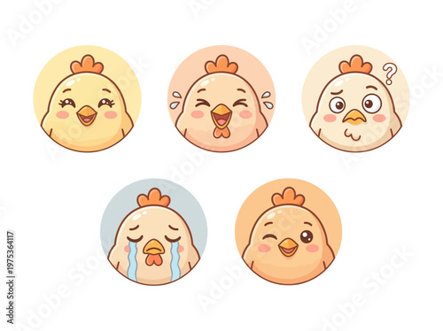 Cute chicken emoticons expressing various emotions in a flat 2D style, perfect for digital communication and design projects