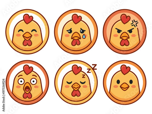 Set of six circular chicken emoji icons depicting various emotions, including happiness, sadness, anger, surprise, and sleepiness, presented in a flat 2D graphic style