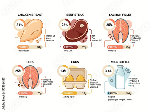 Nutritional Information for Popular Protein Sources Chicken Breast, Beef Steak, Salmon Fillet, and Eggs