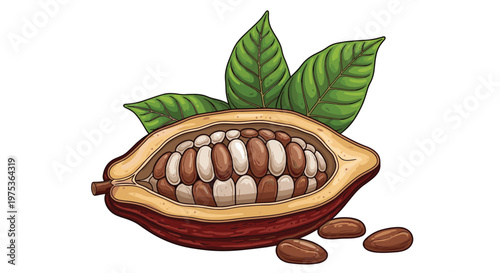 Ripe brown cocoa pod cut open to reveal rows of white and brown cocoa beans inside with green leaves and scattered seeds nearby.