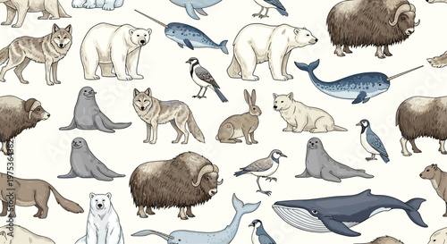 Charming seamless pattern featuring various arctic wildlife including polar bears, wolves, narwhals, musk oxen, and seals on a light background.