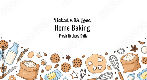 Long horizontal banner featuring hand-drawn baking ingredients and tools like flour, eggs, milk, cookies, whisk, and dough with a logo.