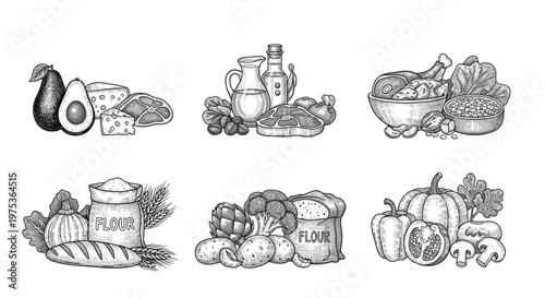 Set of six hand-drawn food compositions featuring various ingredients like vegetables, meats, grains, and oils for healthy diet concepts.