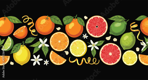 Vibrant horizontal border of assorted citrus fruits including oranges, lemons, limes, and grapefruits with blossoms on a black background.