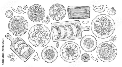 Detailed hand-drawn top-down view of an assortment of traditional Mexican dishes including tacos, burritos, and spicy salsa bowls.