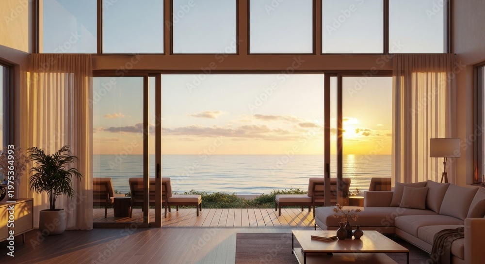 Fototapeta premium Serene coastal living room with panoramic ocean view at sunset