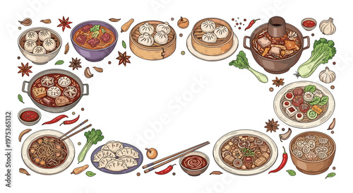 Decorative border frame made of various traditional Chinese food dishes like dumplings, soup, and noodles with ingredients on white.
