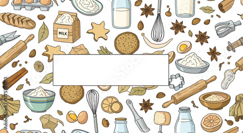 Detailed seamless pattern of assorted baking ingredients and kitchen tools like flour, eggs, rolling pins, and milk on white.