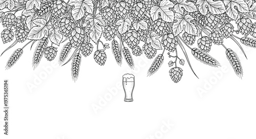 Elegant border composition of hand-drawn hop cones, wheat ears, and a small beer glass for brewery or pub branding.