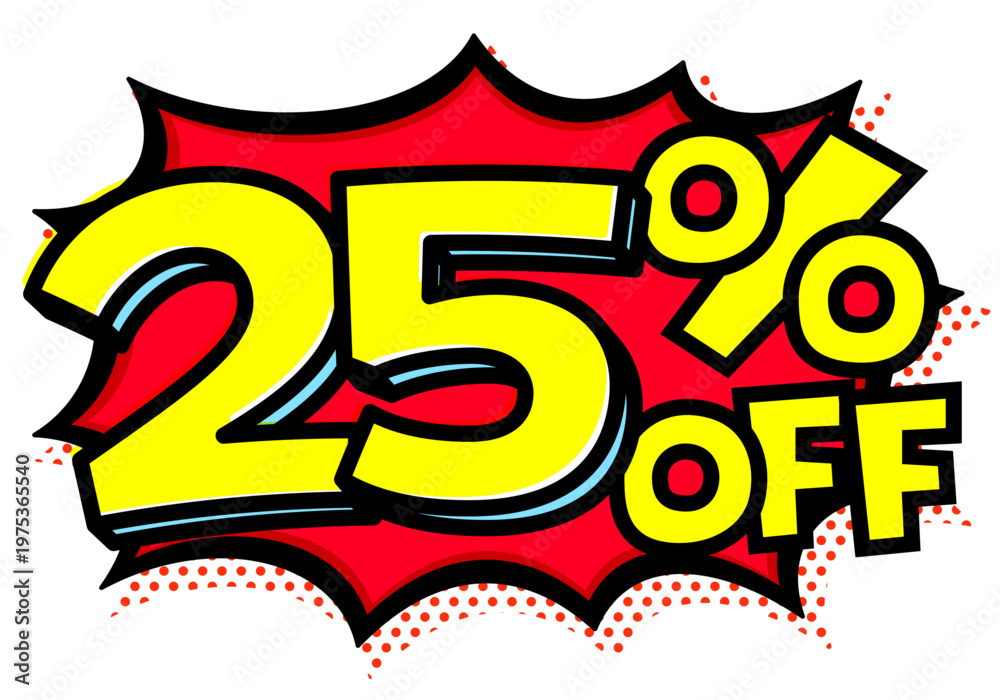 Fototapeta premium 25%OFFの文字入りトゲトゲ吹き出し。黒太線のポップな爆発アイコン。セール・値札用素材。