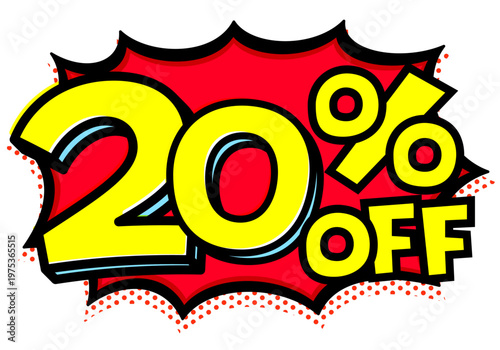 20%OFFの文字入りトゲトゲ吹き出し。黒太線のポップな爆発アイコン。セール・値札用素材。