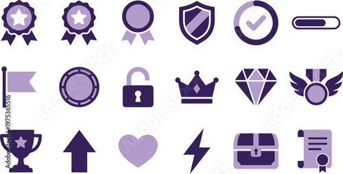 Set of purple flat vector icons featuring badges, trophies, crowns, diamonds, and other essential gaming interface elements