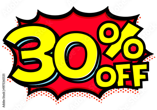 30%OFFの文字入りトゲトゲ吹き出し。黒太線のポップな爆発アイコン。セール・値札用素材。