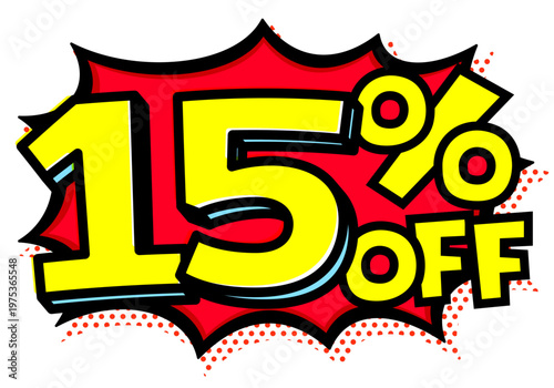 15%OFFの文字入りトゲトゲ吹き出し。黒太線のポップな爆発アイコン。セール・値札用素材。