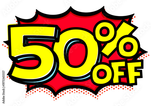 50%OFFの文字入りトゲトゲ吹き出し。黒太線のポップな爆発アイコン。セール・値札用素材。