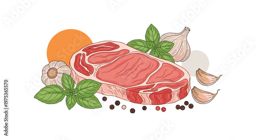 Appealing color-tinted hand-drawn illustration of a raw beef steak with garlic cloves, basil leaves, and peppercorns.