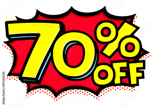 70%OFFの文字入りトゲトゲ吹き出し。黒太線のポップな爆発アイコン。セール・値札用素材。