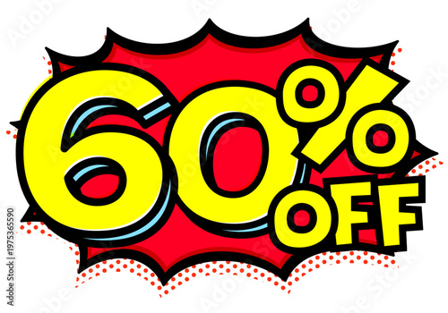 60%OFFの文字入りトゲトゲ吹き出し。黒太線のポップな爆発アイコン。セール・値札用素材。