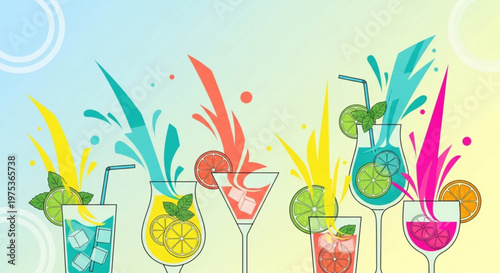 Colorful cocktails with splashes ice and fruit slices on a gradient background perfect for summer drinks and party themes