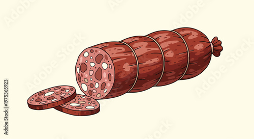 Delicious looking smoked salami sausage with two thin slices cut and placed on the side in a simple cartoon style.