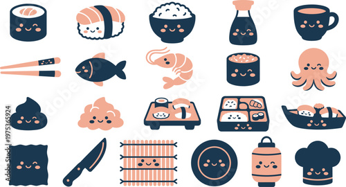 Cute collection of Japanese sushi elements featuring smiling faces designed in a simple flat graphic vector style