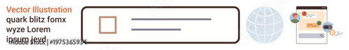 Internet navigation, website search, data access, global communication, online systems, web browsing. Search bar, globe and digital icons. Internet navigation and website search concepts