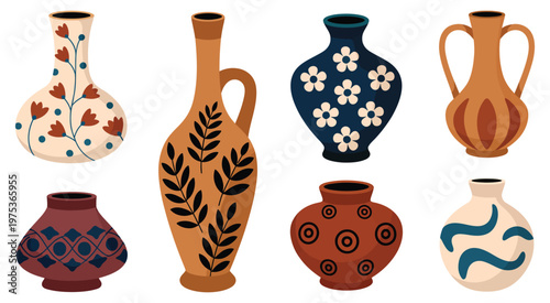 Colored ceramic vases set, decorative porcelain and pottery vases with floral and abstract patterns