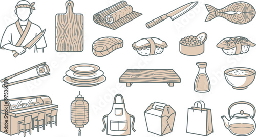 Various essential Japanese sushi and restaurant food items and tools illustrated as clear, distinct icons.