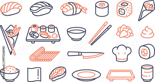 Colorful outline icons featuring various Japanese sushi rolls and traditional dining utensils arranged in a neat grid