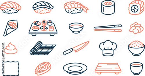 Set of minimalist line art icons featuring traditional Japanese sushi rolls nigiri and essential restaurant kitchen tools