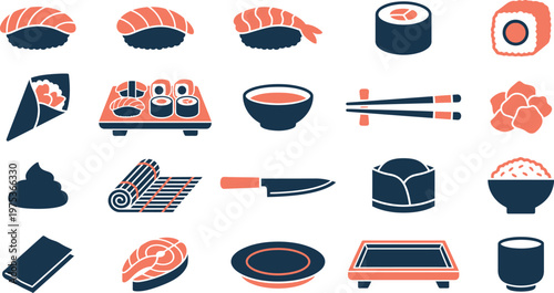 Various stylized sushi icons including rolls, nigiri, chopsticks, and kitchen utensils for modern japanese culinary graphic designs