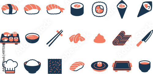 A comprehensive collection of flat sushi icons featuring rolls, nigiri, chopsticks, and traditional japanese kitchen culinary tools