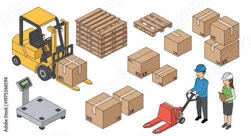 Isometric warehouse logistics workers with pallet boxes equipment.
