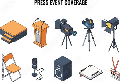 Event coverage icons press conference setup, microphones, cameras, lighting, and seating
