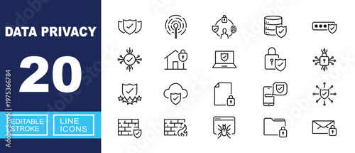 Advanced Data Privacy and Network Security Infrastructure. Includes Network Firewall, Secure Database Storage, Encrypted Message, Cloud Shield Protection, Smart Home Security. Editable stroke