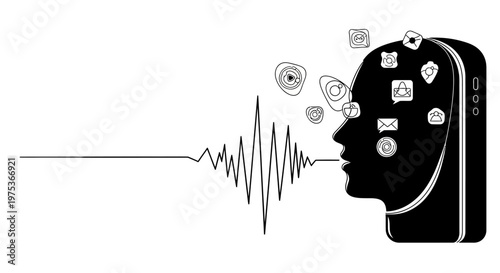 Black head silhouette with social media icons and sound wave vector illustration