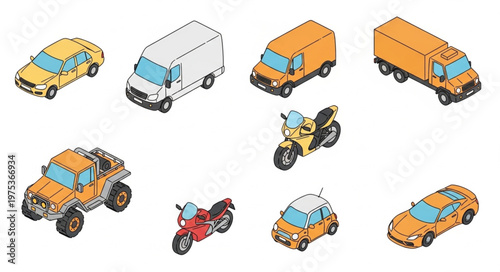 Isometric Vehicle Icon Collection Featuring Cars Trucks Motorcycles.