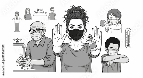 woman wearing face mask and social distancing vector illustration