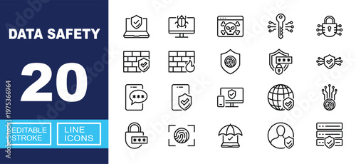 Data Privacy icon set. Includes secure database, cloud protection, network firewall, biometric verification, encrypted email, smart home security. Editable stroke line icons.