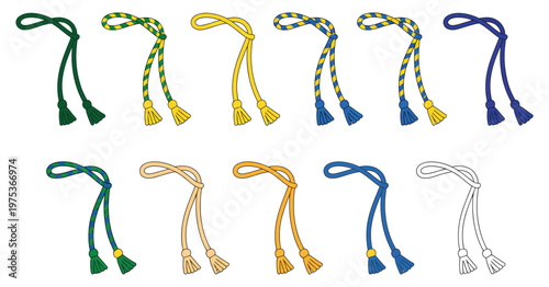 Colorful belt system set, representing martial art grades, Brazilian culture, sport equipment, and clothing, including Batizado ceremony elements