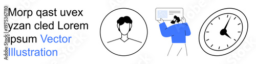 Digital identity, time tracking, task management, workflow, user profiles, document analysis. Minimalist drawings of a person, clock and individual reviewing a document. Digital identity and time